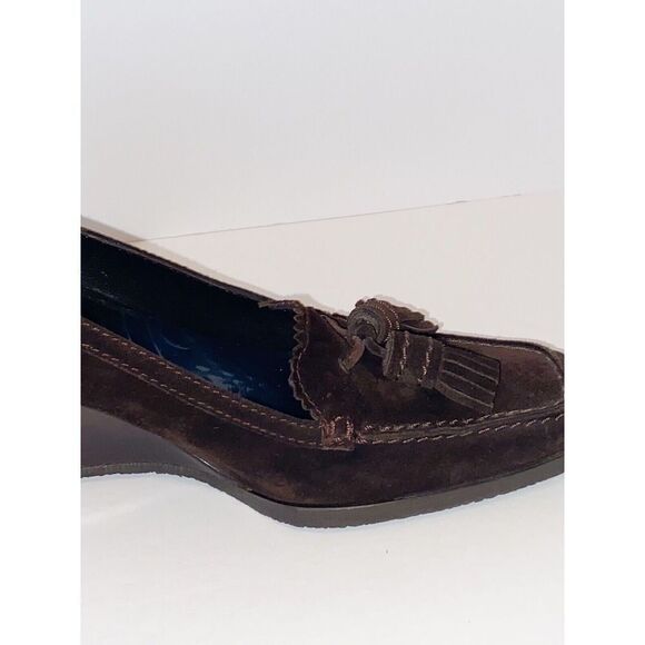 Stuart Weitzman Wedge Loafer Heel Suede Tassel Size 7 Classic Brown Y2K Retro - Picture 12 of 16